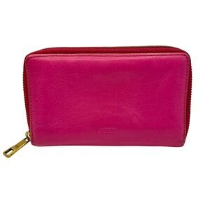 Fossil Logan Zip Around Leather Wallet Hot Pink Barbiecore Minimalist